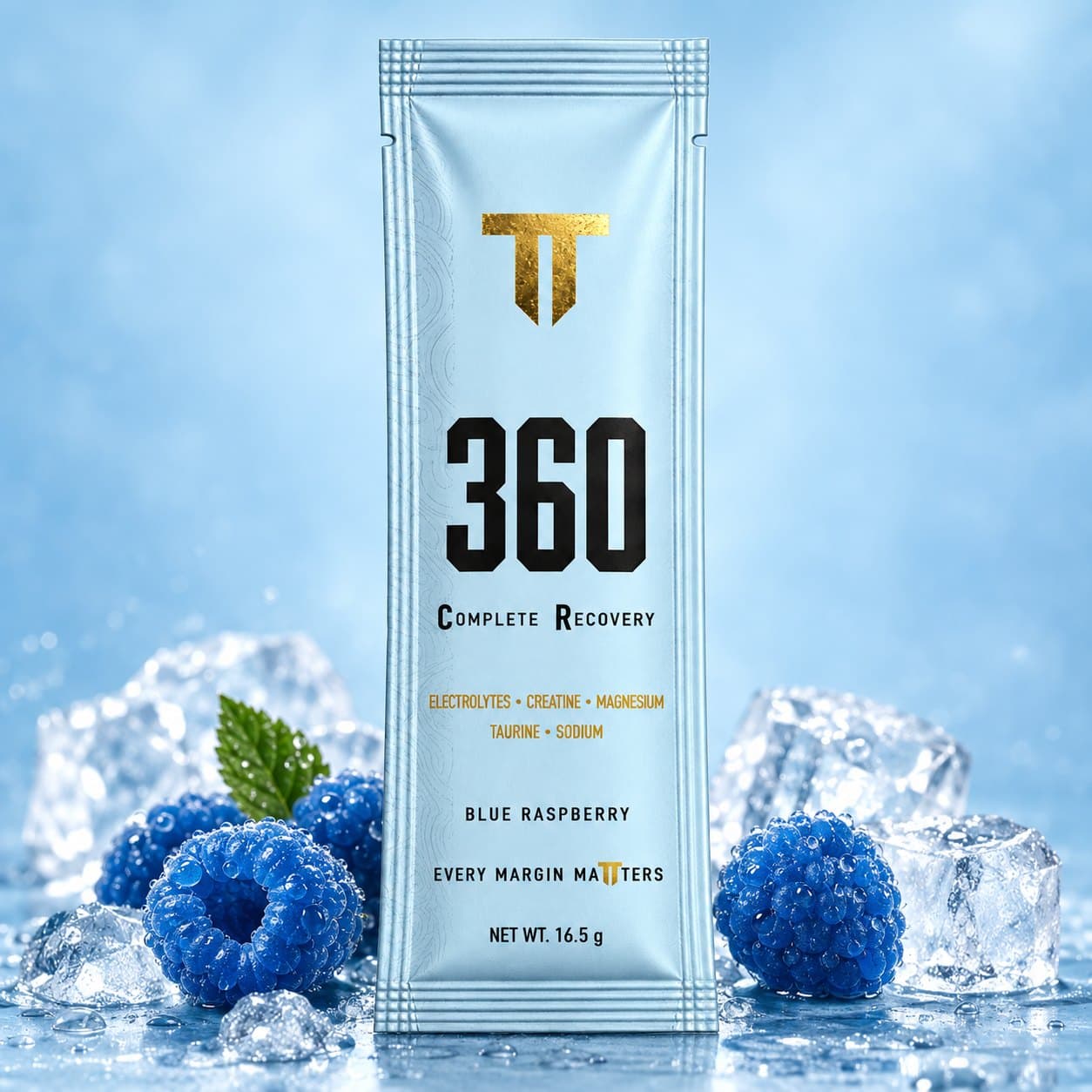 A glass of mixed 360 Complete Recovery held beside the sachet
