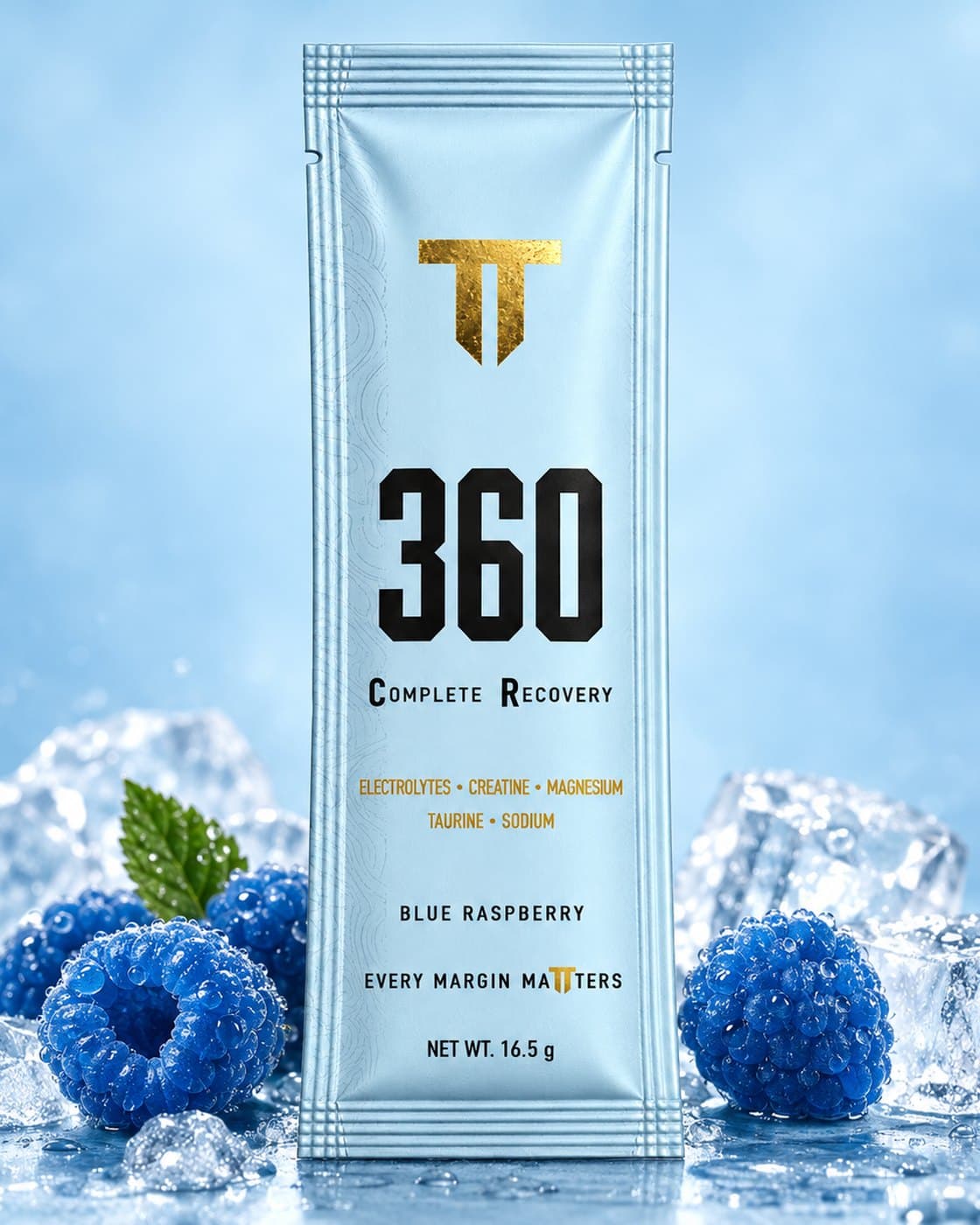 A 360 Complete Recovery Blue Raspberry sachet among blue raspberries and ice